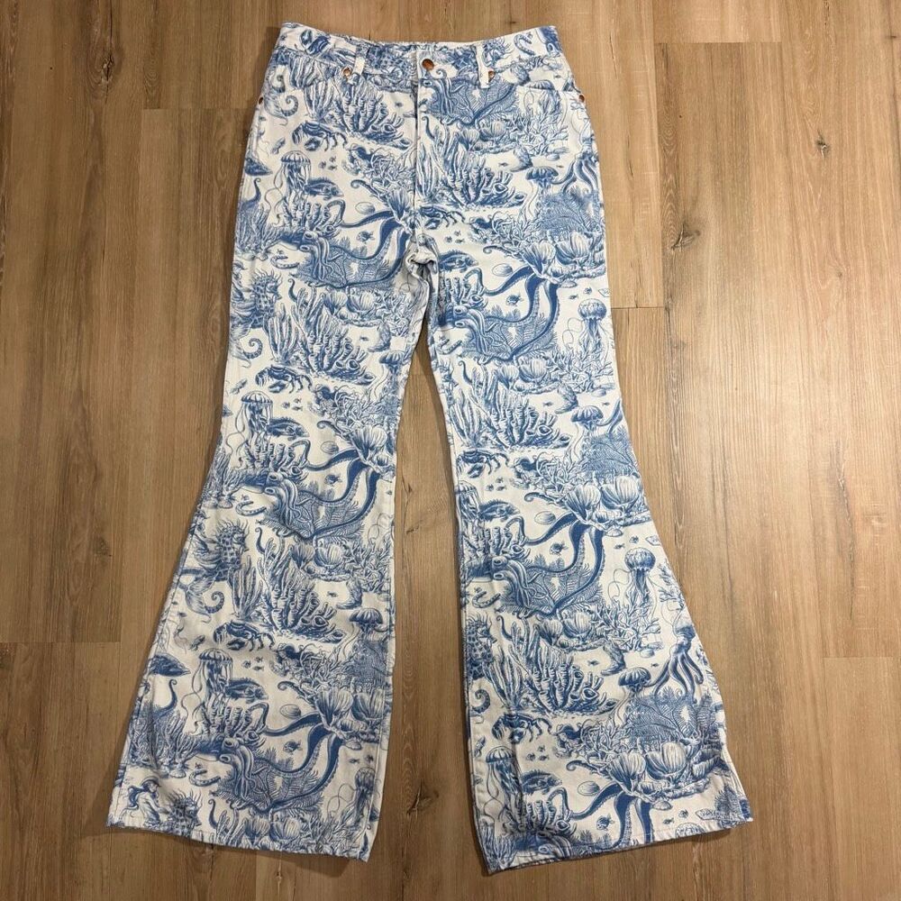 Wrangler Wanderer 622 High Rise Flare Jeans Nautical Print Denim Sz 30 Coastal